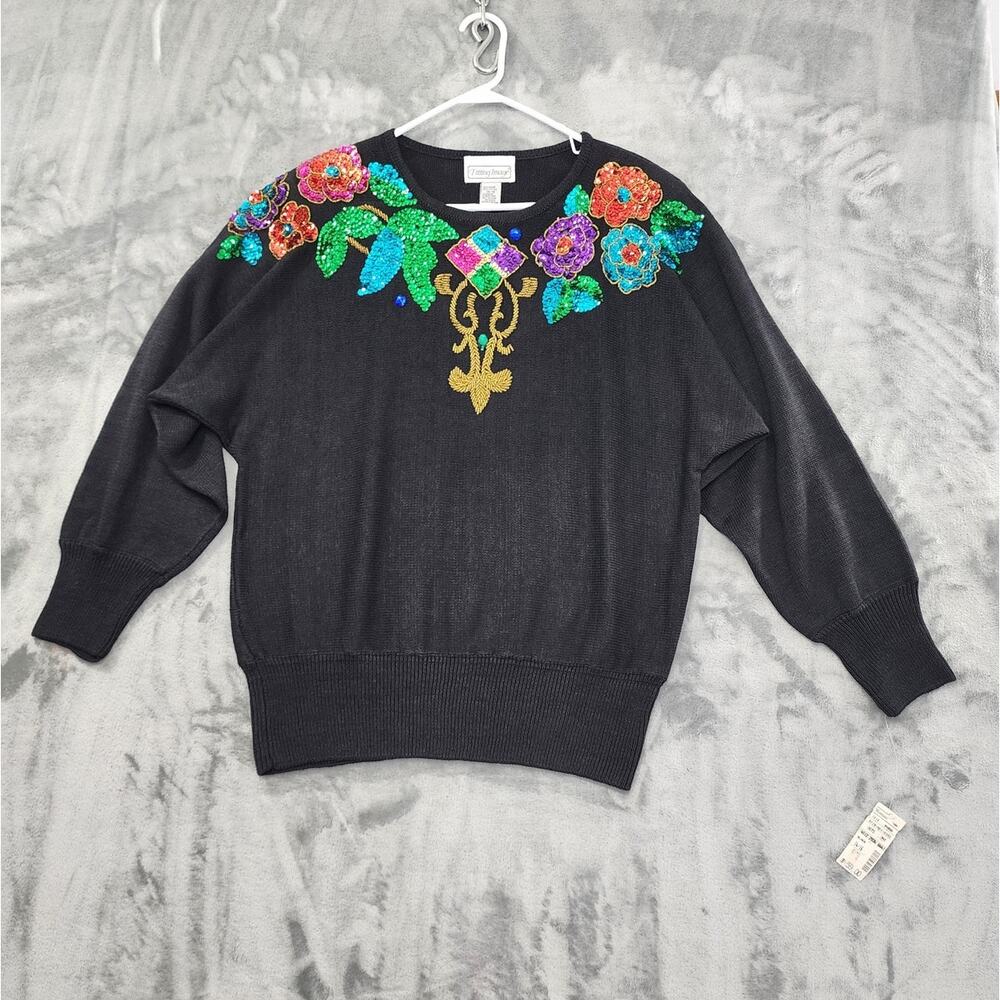 NEW Vintage Fitting Image Sweater Womens L Black Multicolor Sequin Beaded 80s‎